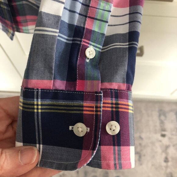 Chaps Petite No-Iron Plaid Button Down Lg Slv Cotton Shirt Blue Pink Wht Sz MP - Picture 4 of 12